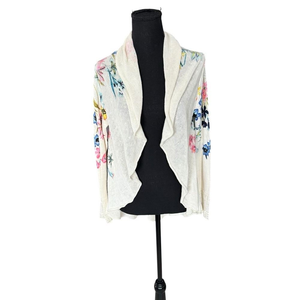 Knitted & Knotted Linen Blend Floral Cardigan Boho Coastal Cottagecore Small X11